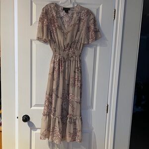 Stella & Julie Taupe Floral Midi Dress with Dusty Rose Print